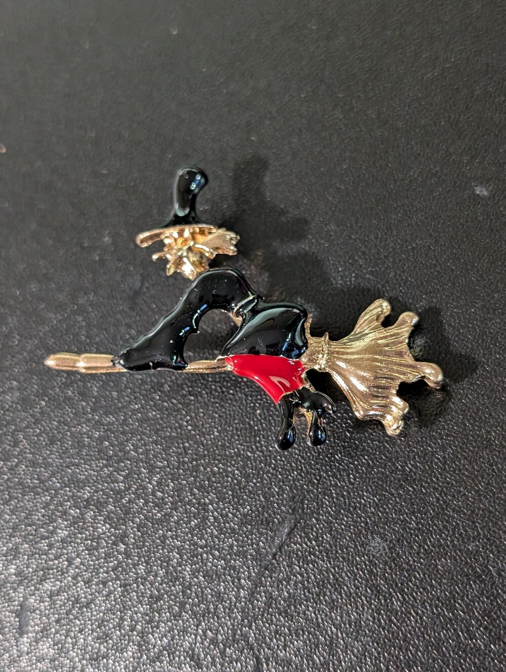 Gold-Tone Black and Red Witch on Broomstick Brooch